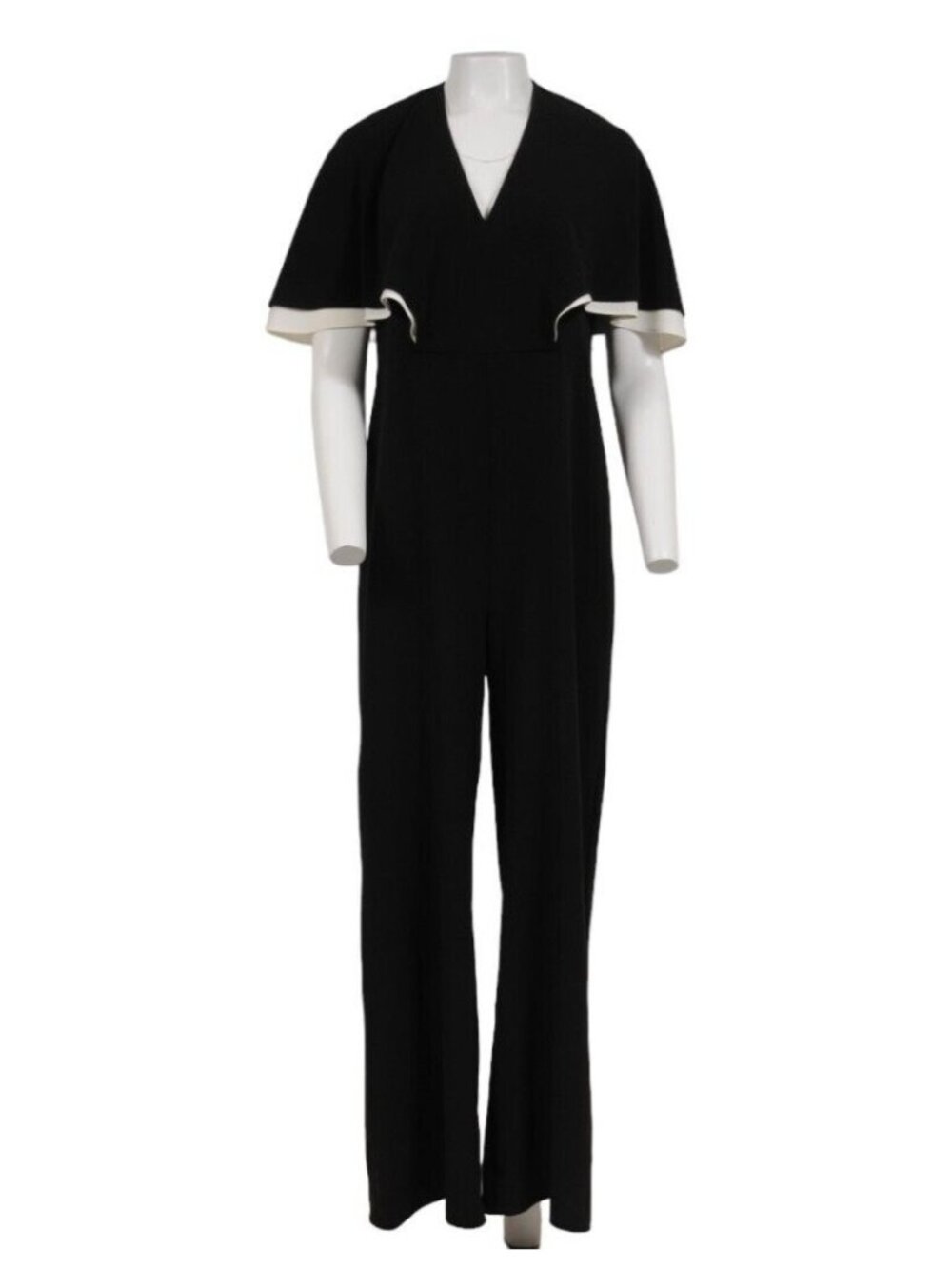 Halston Heritage Cape Overlay Jumpsuit Size US 12 Black White Romper Wide Leg